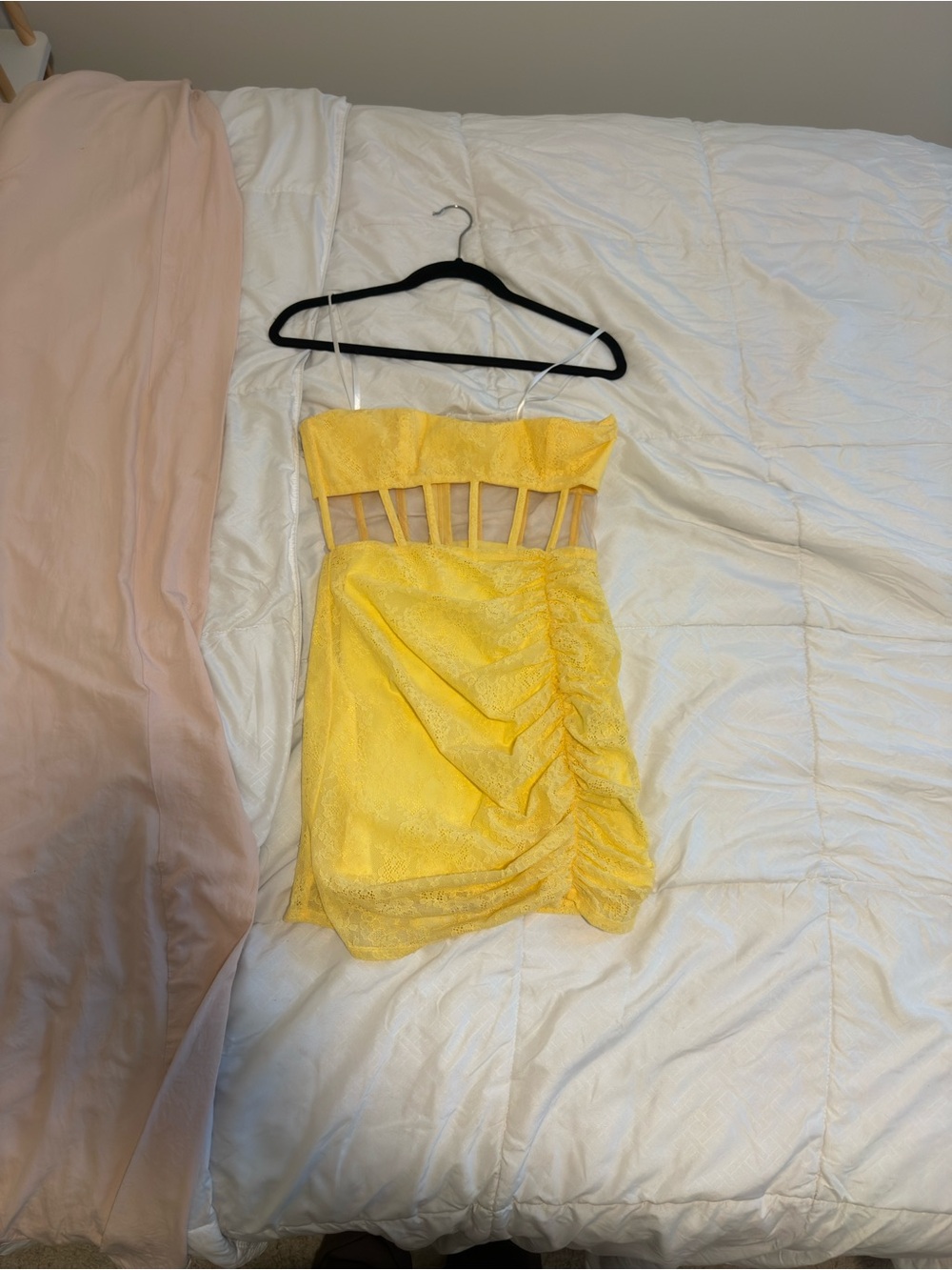 NBD Yellow Lace Ruched Mini Dress with Strappy Waist